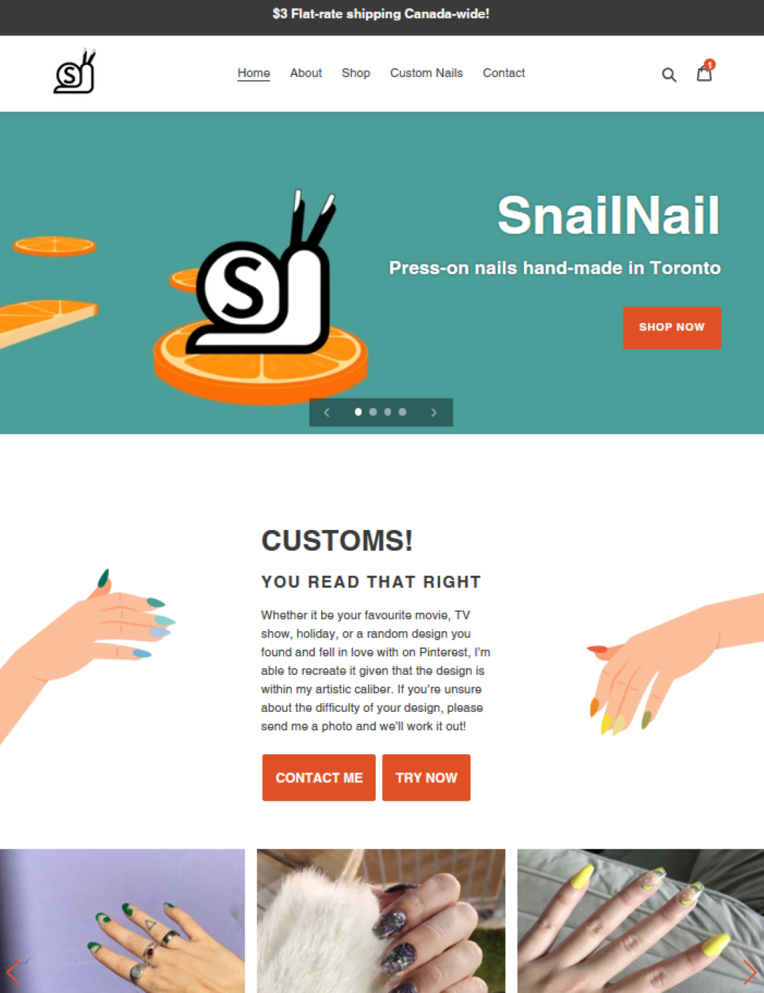 The home page for snailnail.ca after my update. It's a common theme in the websites I made for others to make it easy to update after my involvement is over. We built the brand visuals to use simple vector graphics and stayed within Shopify's visual builder, with some custom HTML elements for which I provided good documentation on their functions. 